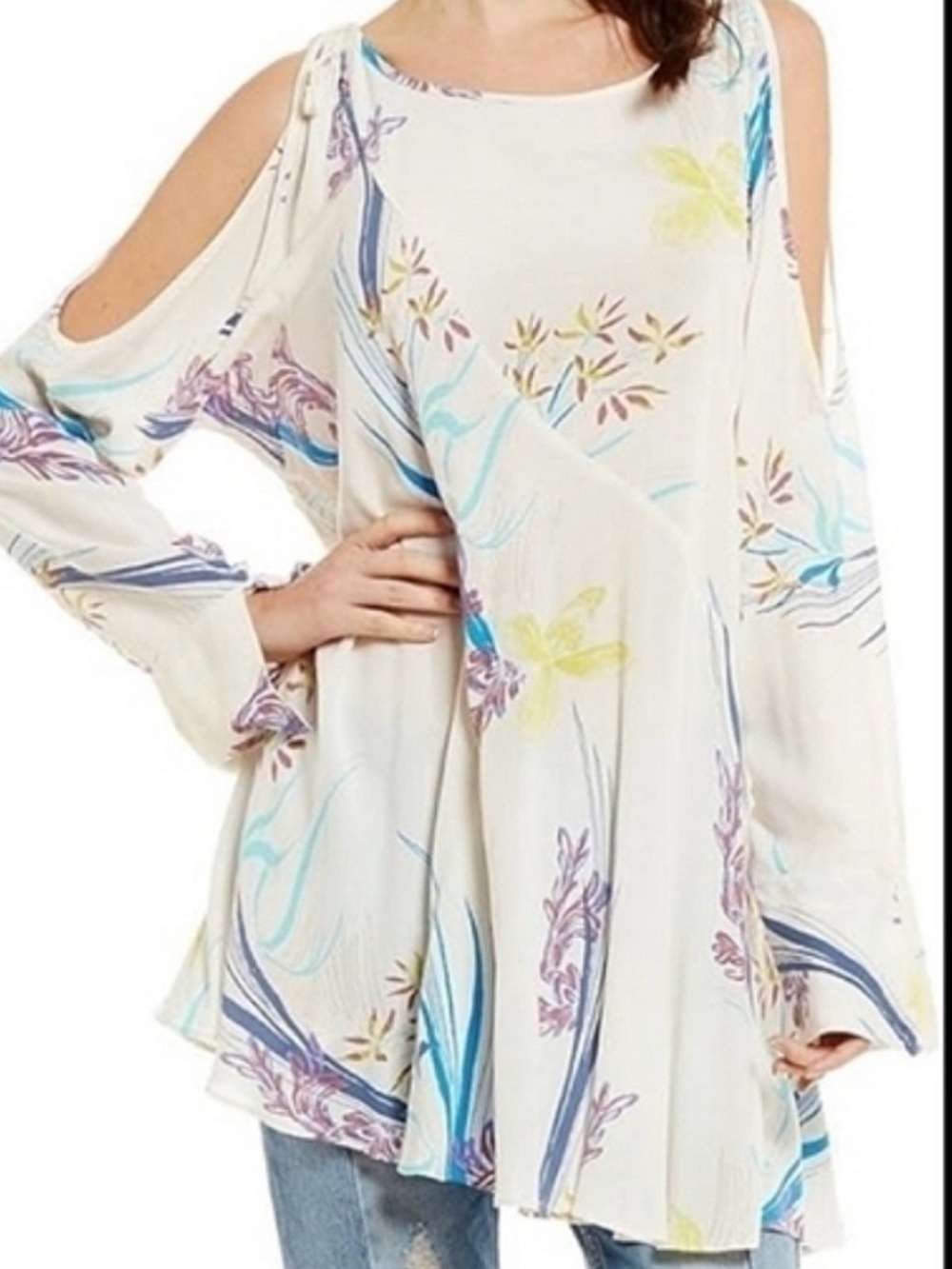 Free People Cream with Blue and Yellow Floral Print Tunic Dress - Size S - Picture 2 of 7